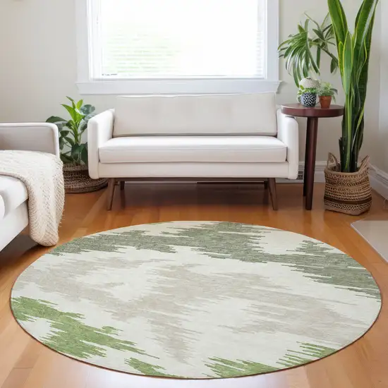 8' Green Taupe And Beige Abstract Washable Round Rug With UV Protection Photo 5