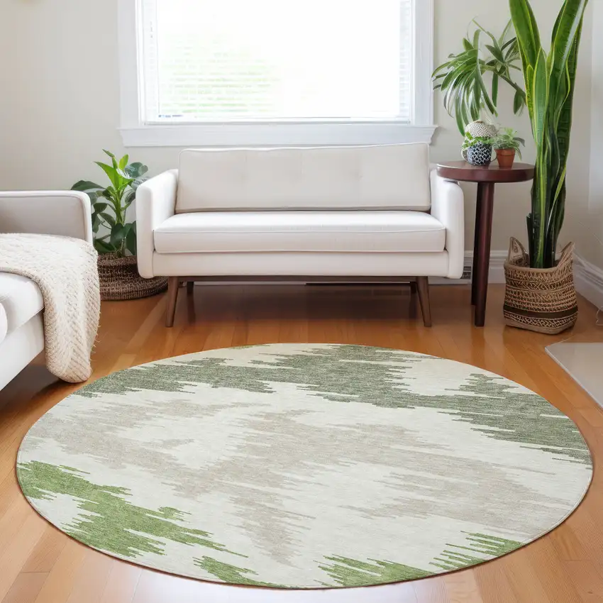 8' Green Taupe And Beige Abstract Washable Round Rug With UV Protection Photo 5
