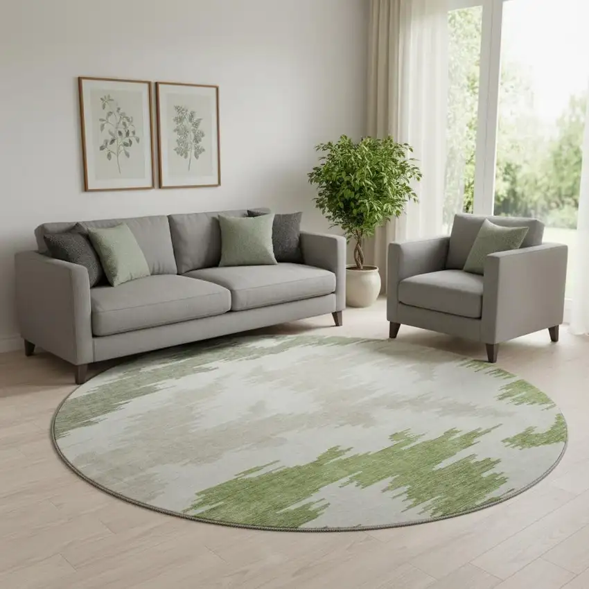 8' Green Taupe And Beige Abstract Washable Round Rug With UV Protection Photo 1