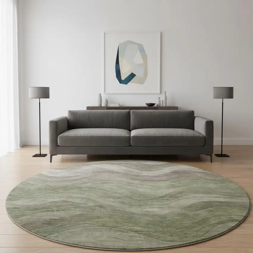 8' Green Taupe And Beige Abstract Washable Round Rug With UV Protection Photo 2