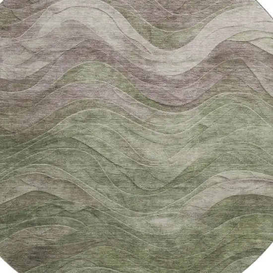8' Green Taupe And Beige Abstract Washable Round Rug With UV Protection Photo 2