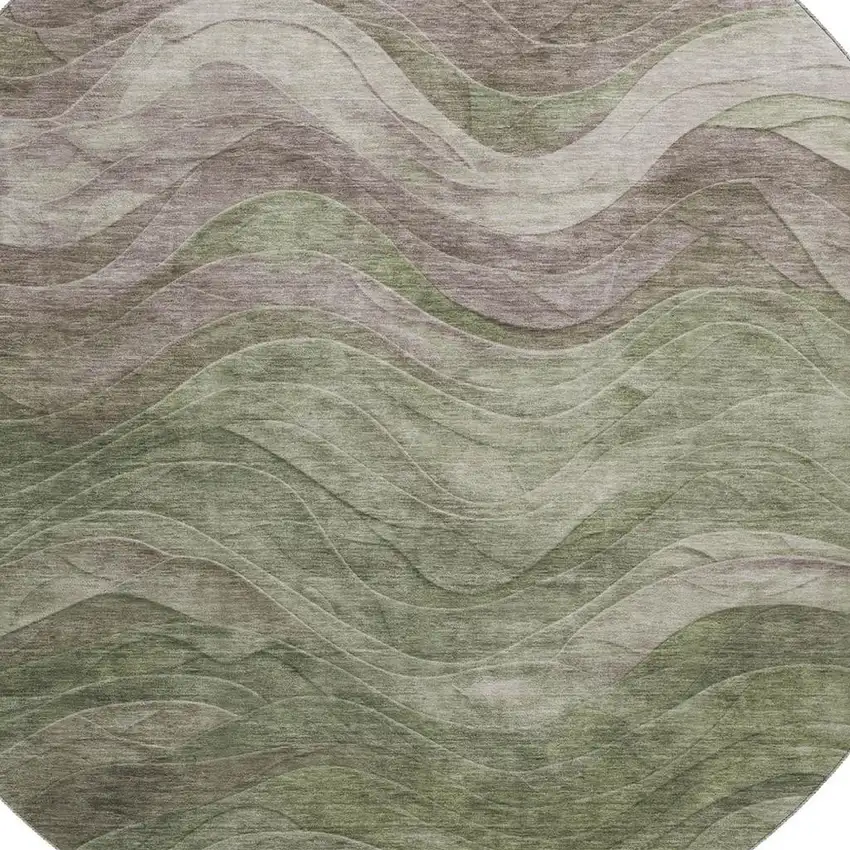 8' Green Taupe And Beige Abstract Washable Round Rug With UV Protection Photo 2