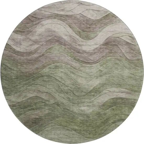 8' Green Taupe And Beige Abstract Washable Round Rug With UV Protection Photo 1