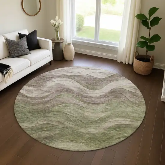 8' Green Taupe And Beige Abstract Washable Round Rug With UV Protection Photo 4