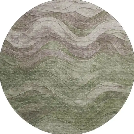 8' Green Taupe And Beige Abstract Washable Round Rug With UV Protection Photo 3