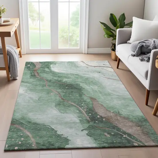 8' Green Taupe And Ivory Abstract Washable Area Rug With UV Protection Photo 5