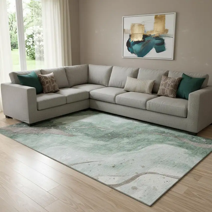 8' Green Taupe And Ivory Abstract Washable Area Rug With UV Protection Photo 2