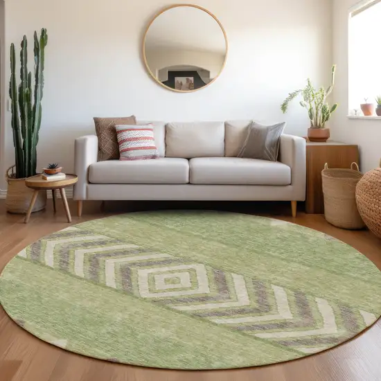 8' Green Taupe And Ivory Southwestern Washable Round Rug With UV Protection Photo 4