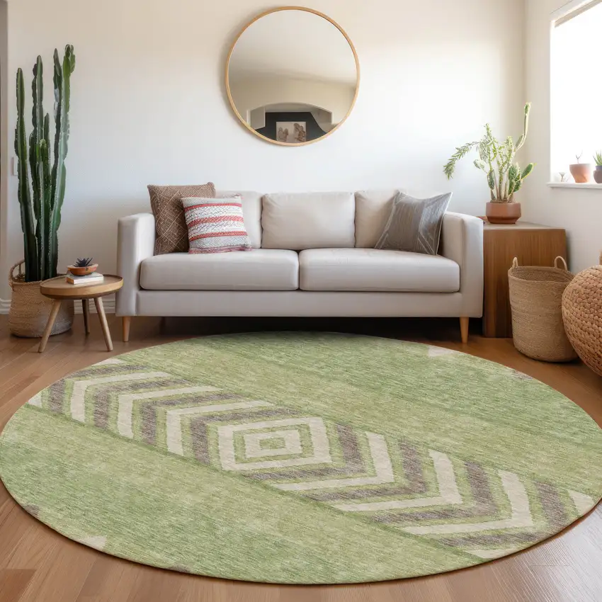 8' Green Taupe And Ivory Southwestern Washable Round Rug With UV Protection Photo 4