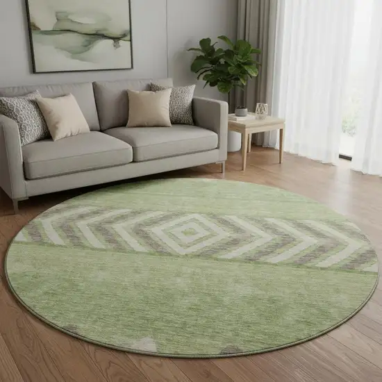 8' Green Taupe And Ivory Southwestern Washable Round Rug With UV Protection Photo 2