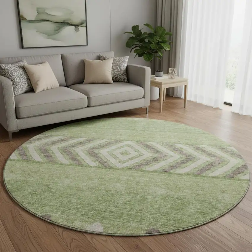 8' Green Taupe And Ivory Southwestern Washable Round Rug With UV Protection Photo 2
