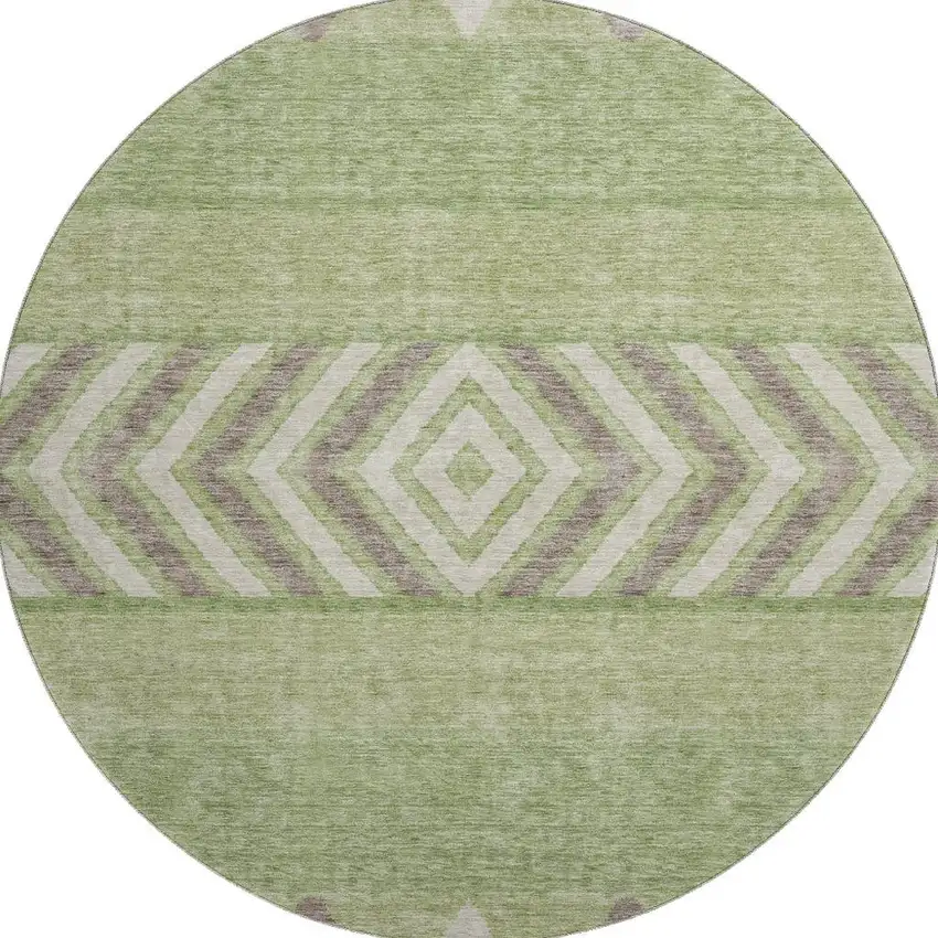 8' Green Taupe And Ivory Southwestern Washable Round Rug With UV Protection Photo 3