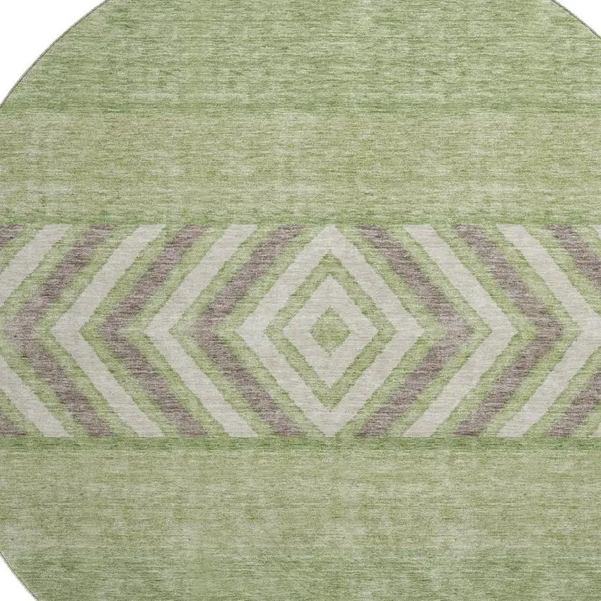 8' Green Taupe And Ivory Southwestern Washable Round Rug With UV Protection Photo 2