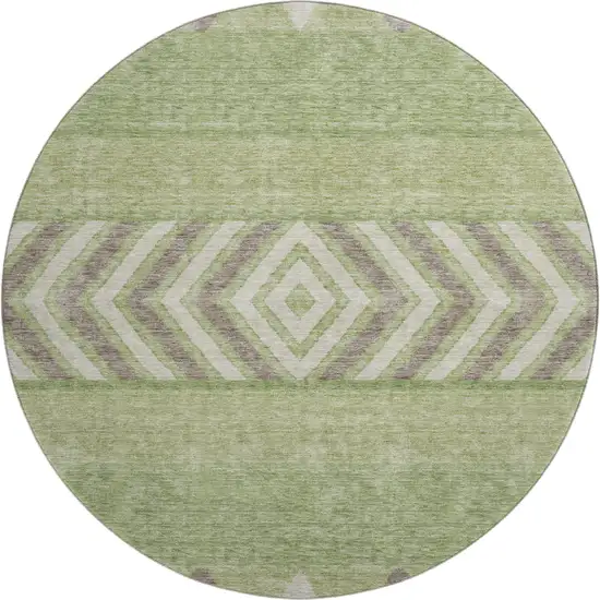 8' Green Taupe And Ivory Southwestern Washable Round Rug With UV Protection Photo 1