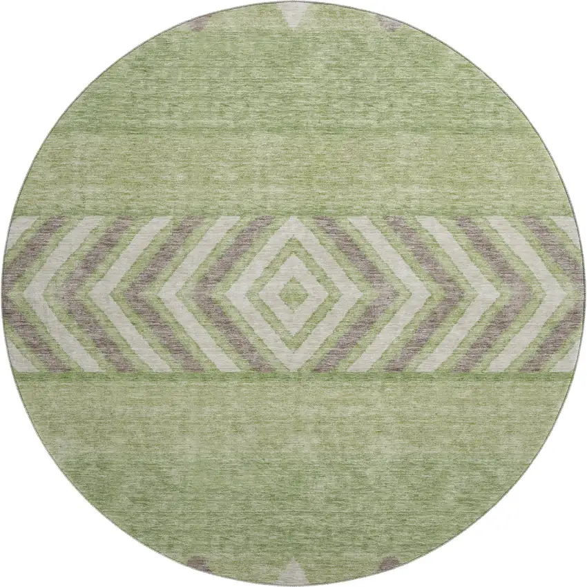 8' Green Taupe And Ivory Southwestern Washable Round Rug With UV Protection Photo 1