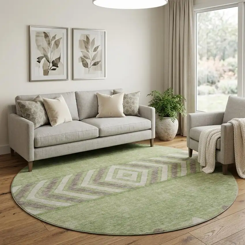 8' Green Taupe And Ivory Southwestern Washable Round Rug With UV Protection Photo 1