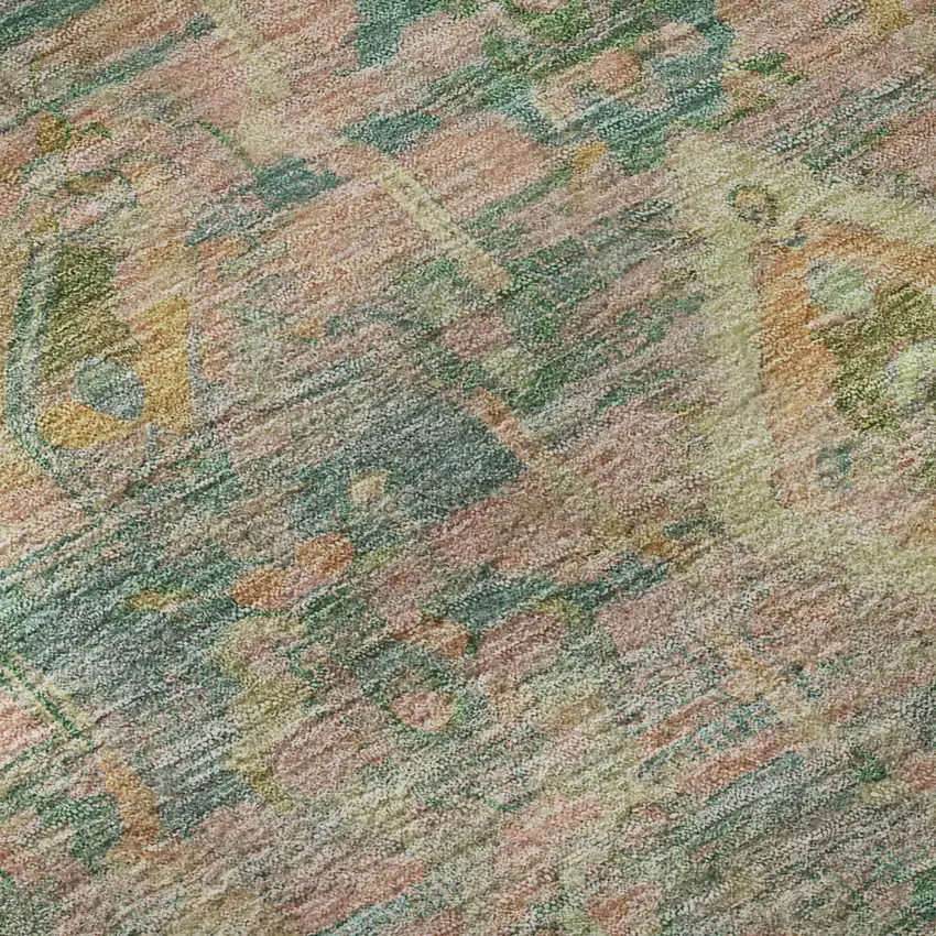 8' Green Teal And Orange Floral Washable Round Rug With UV Protection Photo 8