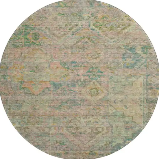 8' Green Teal And Orange Floral Washable Round Rug With UV Protection Photo 2