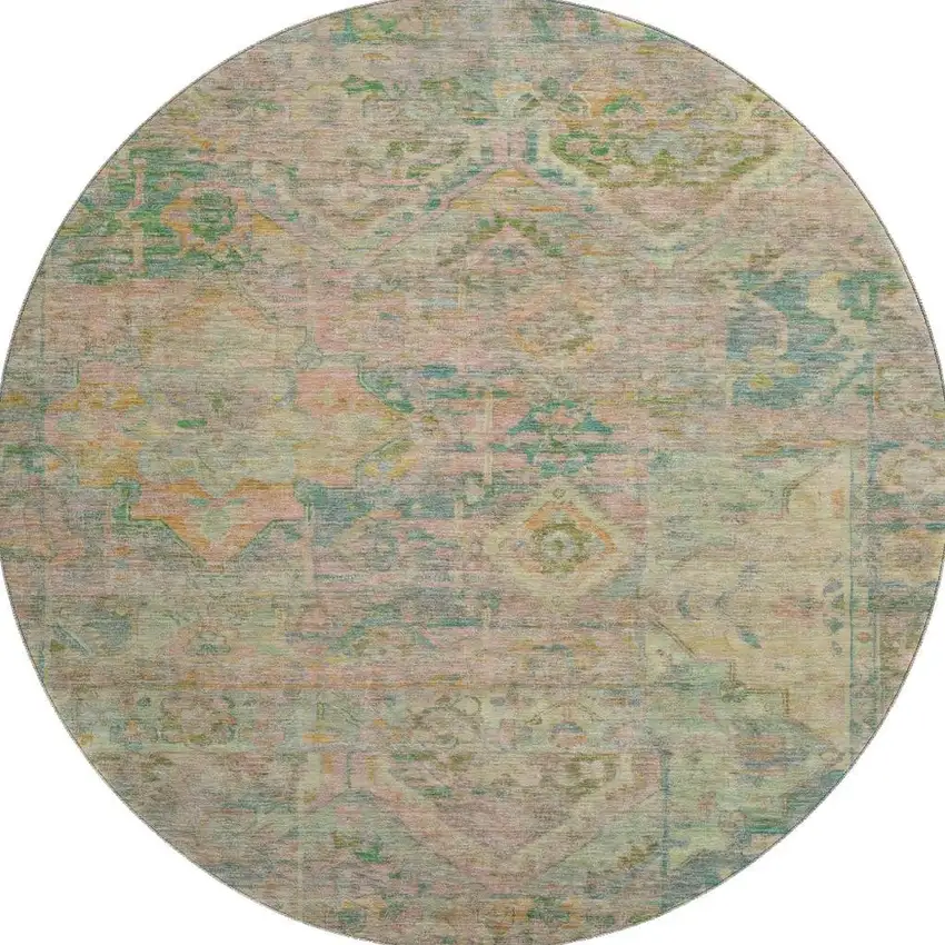 8' Green Teal And Orange Floral Washable Round Rug With UV Protection Photo 2