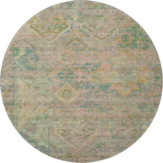 8' Green Teal And Orange Floral Washable Round Rug With UV Protection Photo 3