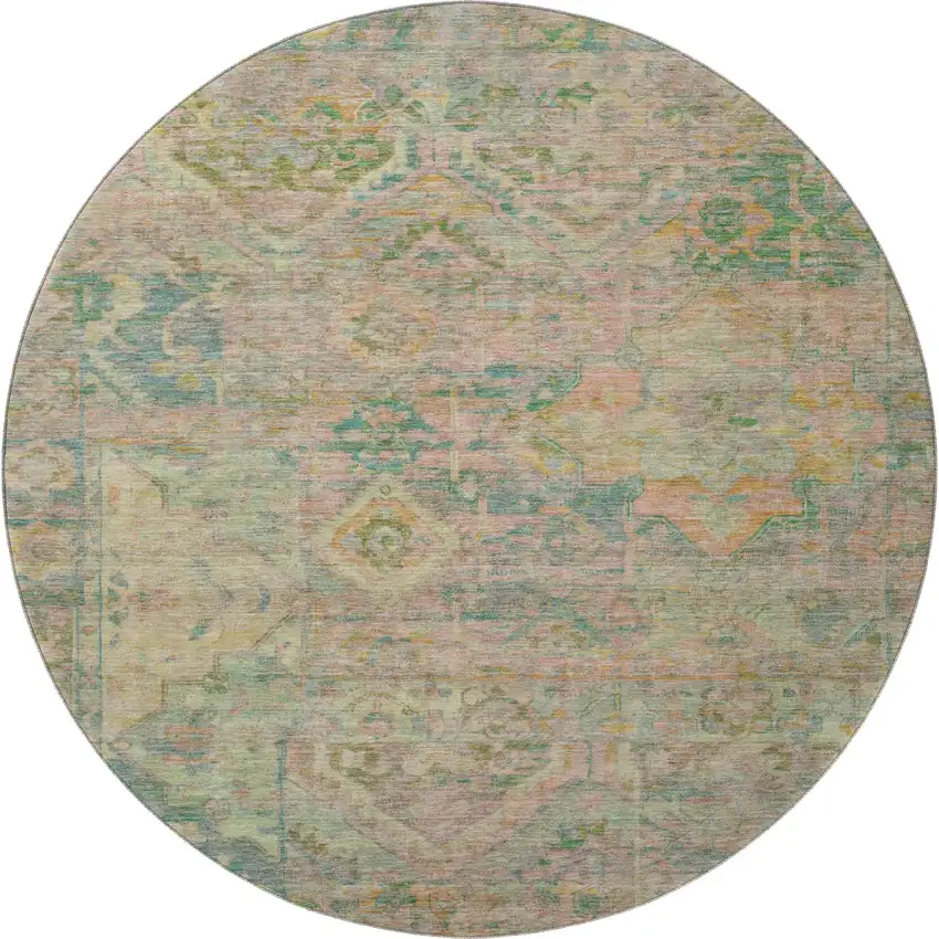 8' Green Teal And Orange Floral Washable Round Rug With UV Protection Photo 3