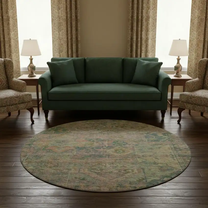 8' Green Teal And Orange Floral Washable Round Rug With UV Protection Photo 2