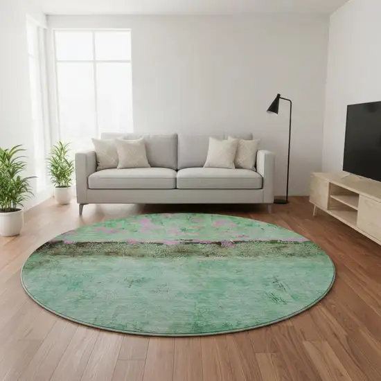 8' Green Teal And Pink Abstract Washable Round Rug With UV Protection Photo 2