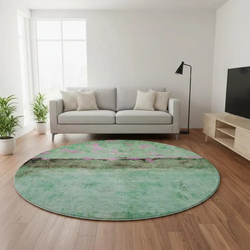 8' Green Teal And Pink Abstract Washable Round Rug With UV Protection Photo 2
