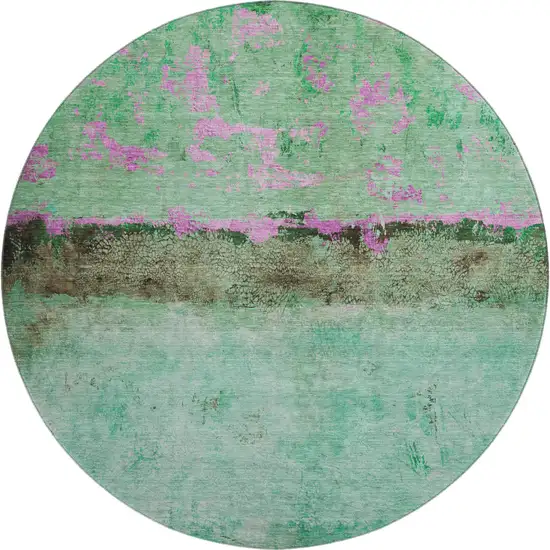 8' Green Teal And Pink Abstract Washable Round Rug With UV Protection Photo 1