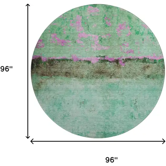 8' Green Teal And Pink Abstract Washable Round Rug With UV Protection Photo 9