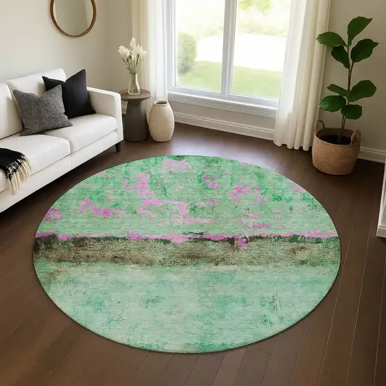 8' Green Teal And Pink Abstract Washable Round Rug With UV Protection Photo 4