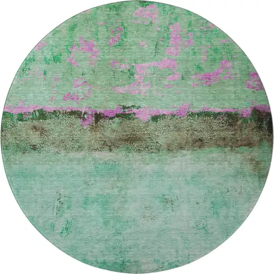 8' Green Teal And Pink Abstract Washable Round Rug With UV Protection Photo 3