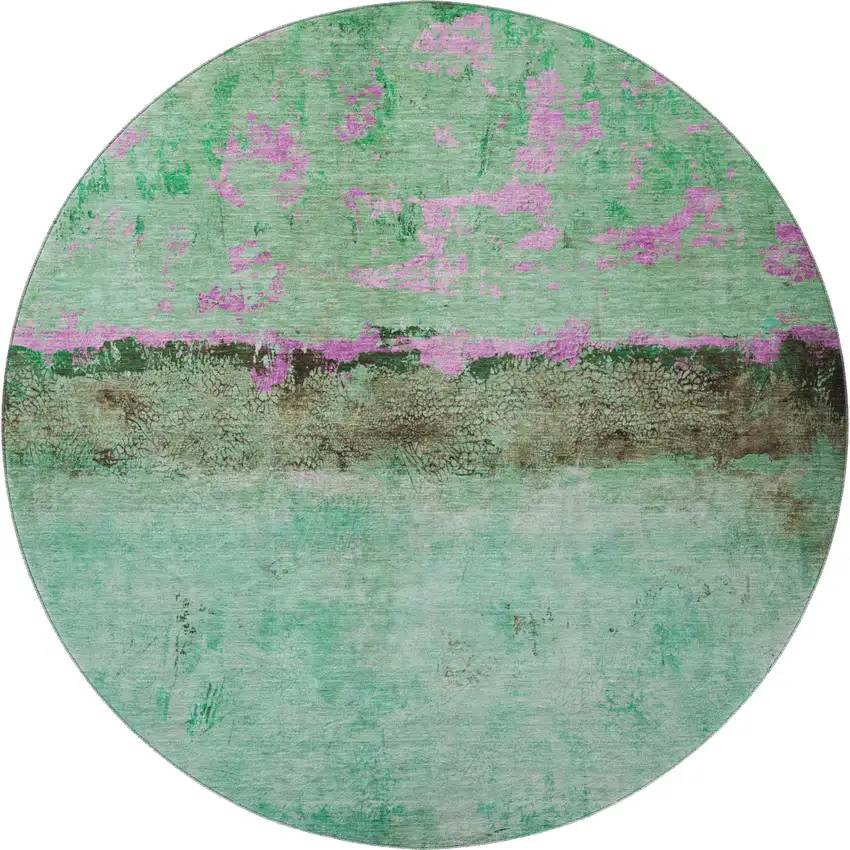 8' Green Teal And Pink Abstract Washable Round Rug With UV Protection Photo 3