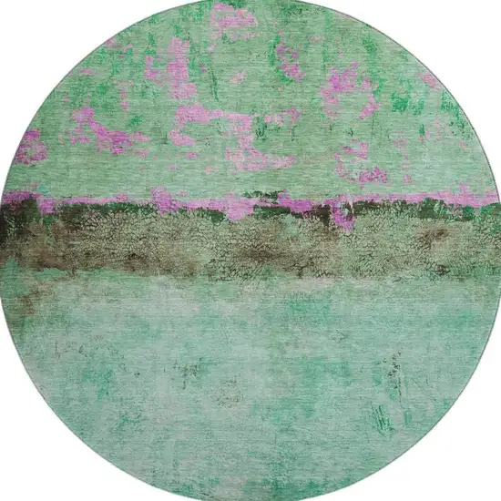 8' Green Teal And Pink Abstract Washable Round Rug With UV Protection Photo 2