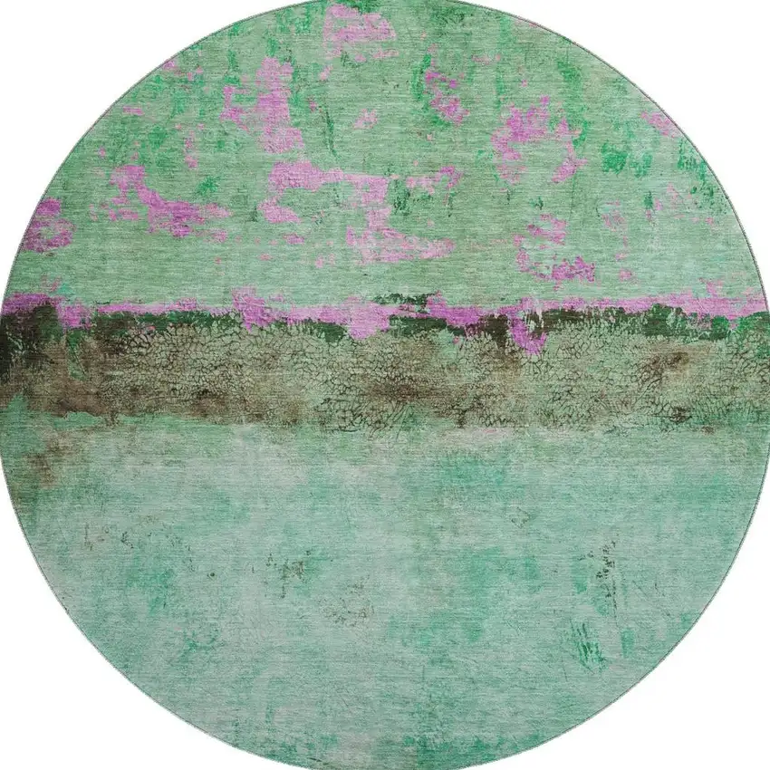 8' Green Teal And Pink Abstract Washable Round Rug With UV Protection Photo 2