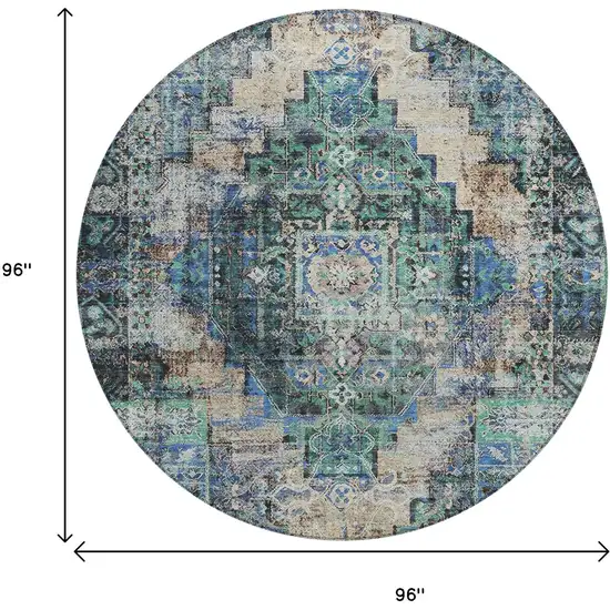 8' Green Teal Blue And Beige Round Medallion Washable Indoor Outdoor Area Rug Photo 9
