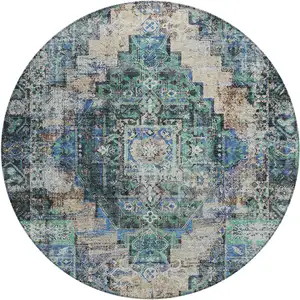 Photo of 8' Green Teal Blue And Beige Round Medallion Washable Indoor Outdoor Area Rug