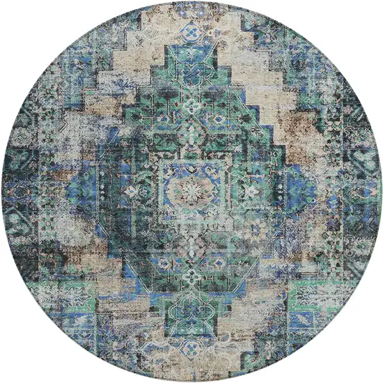 8' Green Teal Blue And Beige Round Medallion Washable Indoor Outdoor Area Rug Photo 1