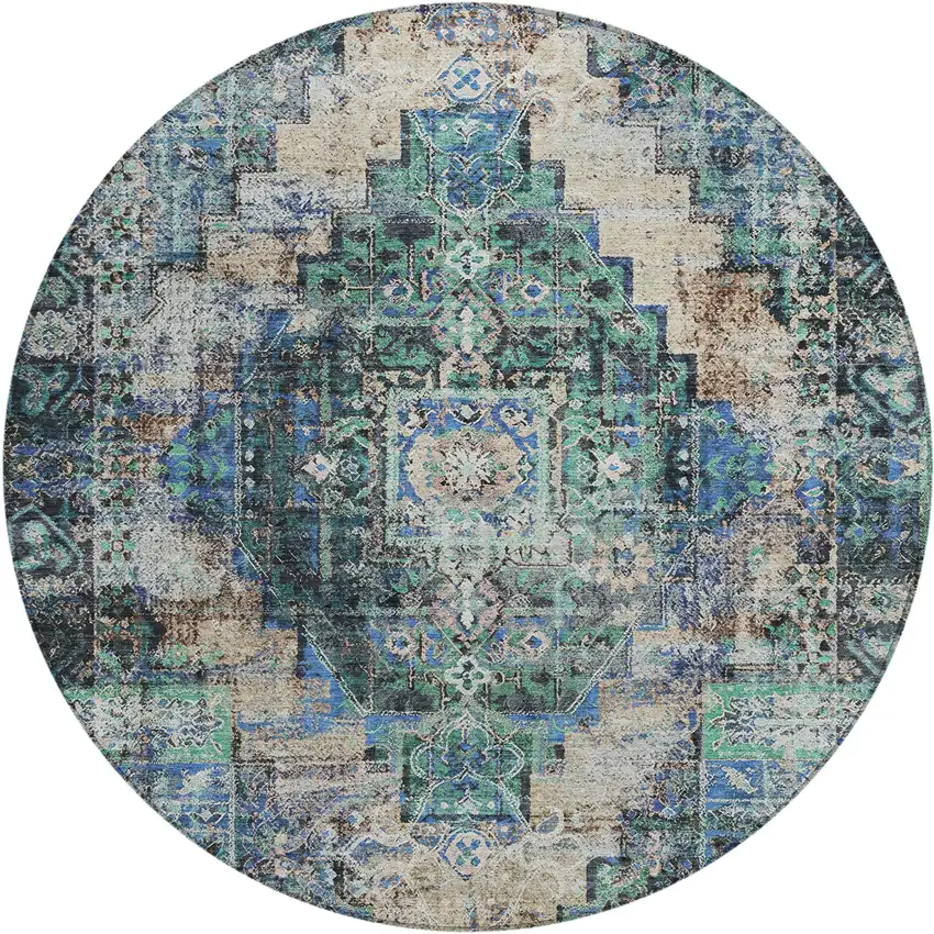 8' Green Teal Blue And Beige Round Medallion Washable Indoor Outdoor Area Rug Photo 1