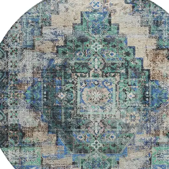 8' Green Teal Blue And Beige Round Medallion Washable Indoor Outdoor Area Rug Photo 5