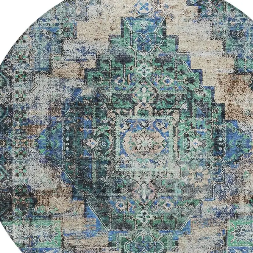 8' Green Teal Blue And Beige Round Medallion Washable Indoor Outdoor Area Rug Photo 5