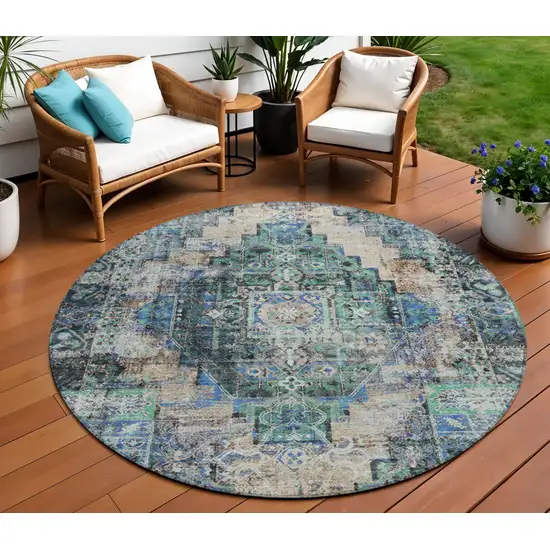8' Green Teal Blue And Beige Round Medallion Washable Indoor Outdoor Area Rug Photo 2