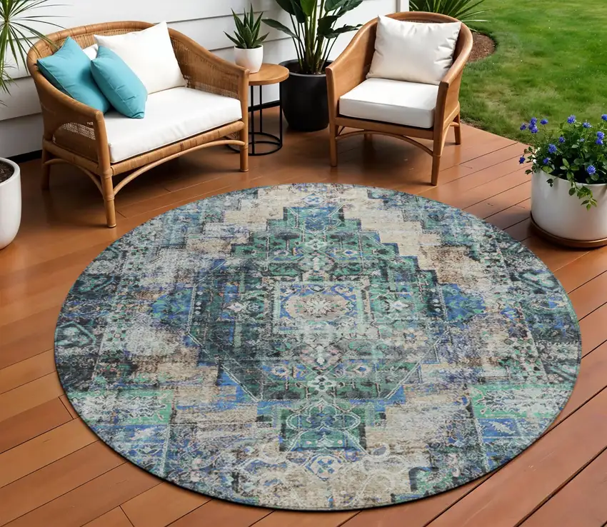 8' Green Teal Blue And Beige Round Medallion Washable Indoor Outdoor Area Rug Photo 2