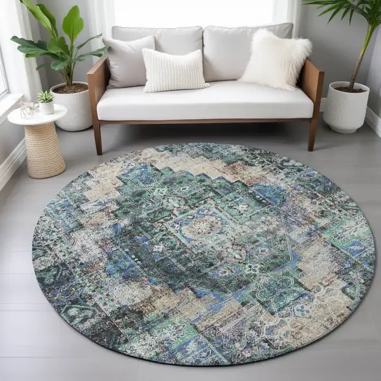 8' Green Teal Blue And Beige Round Medallion Washable Indoor Outdoor Area Rug Photo 8
