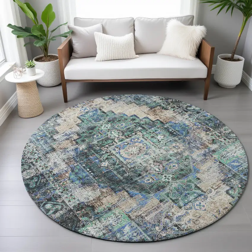 8' Green Teal Blue And Beige Round Medallion Washable Indoor Outdoor Area Rug Photo 8