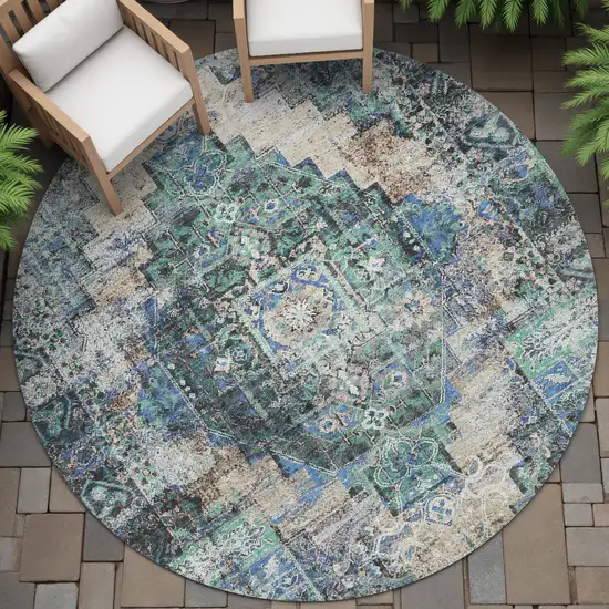 8' Green Teal Blue And Beige Round Medallion Washable Indoor Outdoor Area Rug Photo 7