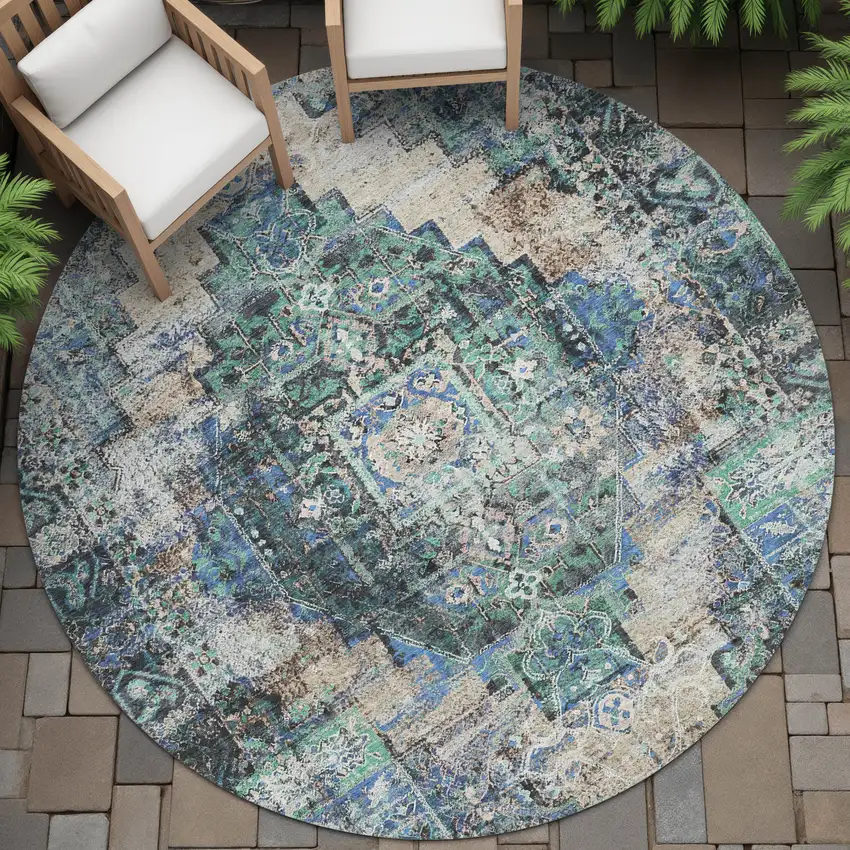 8' Green Teal Blue And Beige Round Medallion Washable Indoor Outdoor Area Rug Photo 7