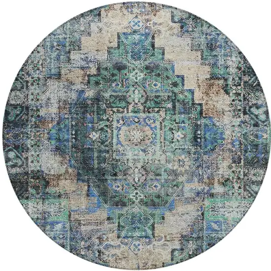 8' Green Teal Blue And Beige Round Medallion Washable Indoor Outdoor Area Rug Photo 3