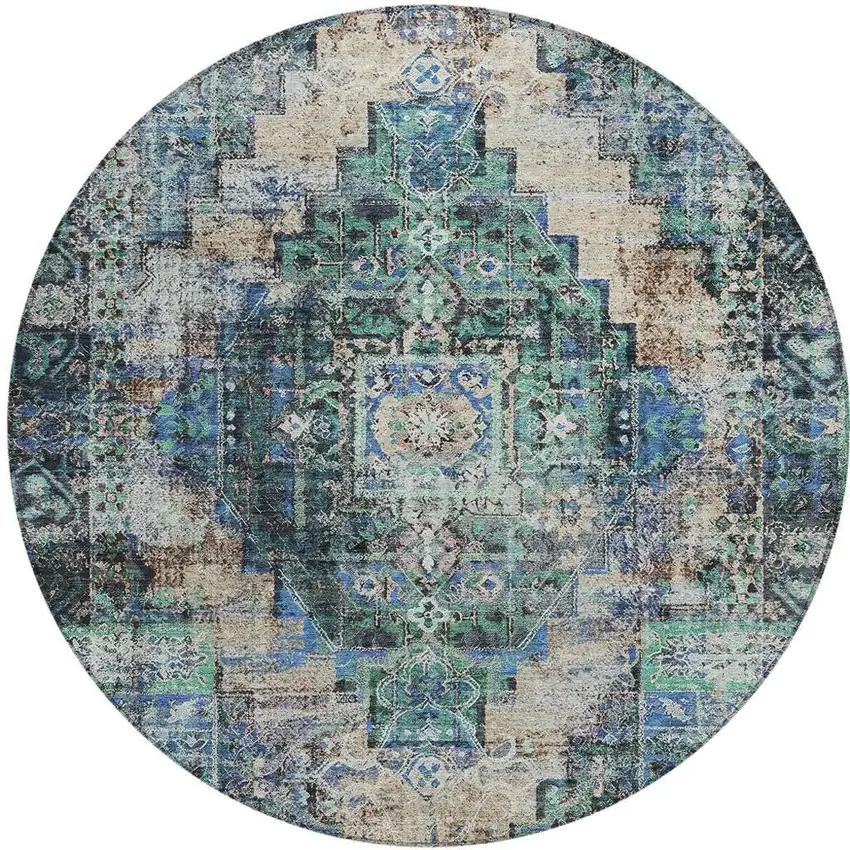 8' Green Teal Blue And Beige Round Medallion Washable Indoor Outdoor Area Rug Photo 3