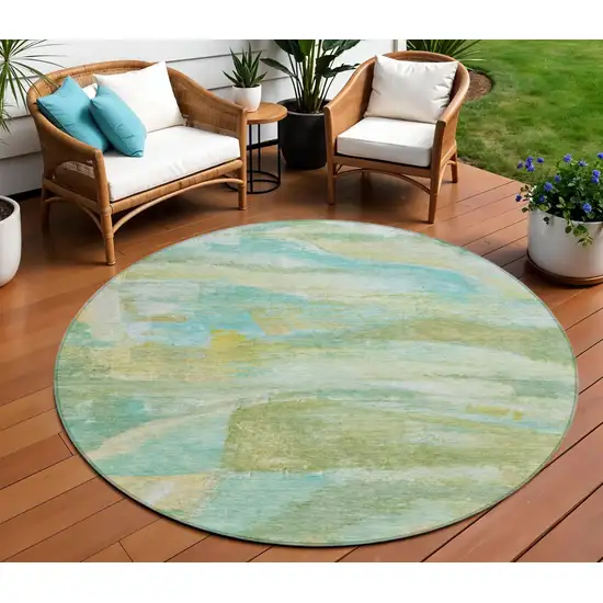 8' Green Teal Blue And Copper Round Abstract Washable Indoor Outdoor Area Rug Photo 2